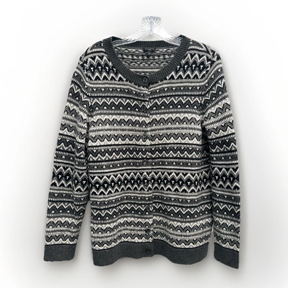 Talbots Cardigan Sweater Fair Isle Knit Lambswool Blend X/XL Gray Beaded Nordic